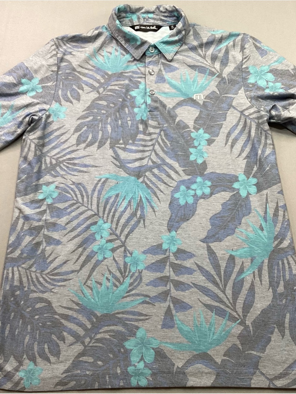 TravisMathew Break The Bank Golf Polo Shirt Men’s Medium Grey Teal Floral Palm